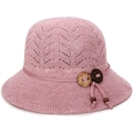 Cappello da sole da donna in maglia rosa con motivo traforato e bottoni decorativi in legno - Rosa scuro