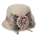 Elegante cappello da sole beige in lino con grande fiore e fiocco in rete a pois neri - Cachi