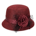 Elegant burgundy linen sun hat with large floral accent and polka dot mesh for women - Red