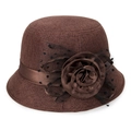 Cappello cloche marrone scuro da donna con fiore di raso e velo a pois per stile retrò - Marrone