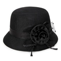 Elegant black sun hat with large satin flower and polka dot mesh for women - Black