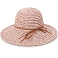 Elegant pale pink hand-woven straw sun hat with brown leather cord and bow tie detail - Pink
