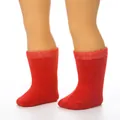 Red knitted doll socks with white stripe details for 18-inch American girl dolls - Red
