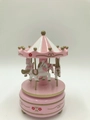Pink and white carousel music box featuring golden details and four miniature horses - Pink Flower Style