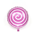 Close-up of pink and white swirl lollipop foil balloon with metallic luster finish - Spiral Circle Lollipop / Pink