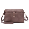 Brown hand-woven leather crossbody bag with double pockets and adjustable shoulder strap - Khaki