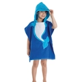 Kids hooded cotton towel poncho in dark blue featuring a cute cartoon dolphin design - Embroidered Whale