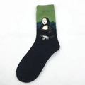 Men's retro art crew socks featuring Mona Lisa oil painting pattern with green trim - Mona Lisa Green