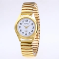 Classic gold quartz watch with large numerals and elastic stainless steel stretch band - Women's Gold