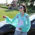 Green chiffon beach shawl with pink floral embroidery and ruffled cuffs for women - 60*160CM / Two-color Flower Style Mint Green