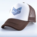 Detail view of brown trucker hat featuring a blue surfer illustration on white panel - M (56-59cm) / Brown