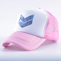 Detail of pink and white mesh trucker hat featuring a blue surfer logo on front - M (56-59cm) / Pink 1