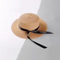Cappello di paglia a cima piatta con fiocco nero per spiaggia e protezione solare estiva - Adulto / Caffè Chiaro