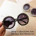 Round crystal sunglasses with black frames and gold metal base for beach vacations - No. 11/Black Diamond (Black Frame Gold Base)