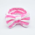 Pink and white striped coral fleece headband with a large plush bow for face washing - Rose Red White Striped