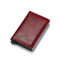 Slim RFID blocking red leather card holder with automatic pop-up aluminum mechanism - Burgundy