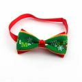 Macro detail of Christmas pet bow tie featuring red and green ribbon with snowflake prints - VN094-11-Red Green Gold Merry Christmas Bow Tie