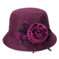 Cappello da sole in lino viola scuro con grande fiore e velo a rete con pois neri - Borgogna