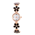 Montre bracelet élégante en or rose avec fleurs en émail noir et index en cristaux - Noir (Montre uniquement)