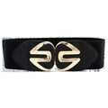 Women's black elastic wide waist belt featuring a gold geometric interlocking metal buckle - EL93