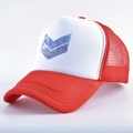 Detail of red and white trucker hat featuring blue wave pattern and breathable mesh back - M (56-59cm) / Red