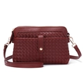 Handwoven red leather crossbody bag with double zip pockets and golden hardware - Burgundy