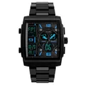 Men's square dual-display digital sport watch in black stainless steel with blue accents - Blue