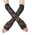 Elegant long black lace gloves with floral hollow pattern for formal evening wear - Black 45cm