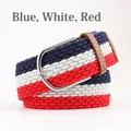 Braided elastic belt in blue, white and red tricolor with silver buckle and leather loop - Blue White Red (07) / Length 105 Width 3.5