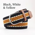 Elastic woven belt featuring a tricolor black white and yellow knit with silver pin buckle - Black White Yellow (15) / Length 105 Width 3.5