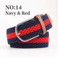 Navy blue and red striped woven elastic belt with silver buckle and brown leather trim - Navy Blue and Red (14) / Length 105 Width 3.5