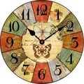 Retro 14-inch round wooden wall clock with multi-color splicing and butterfly floral patterns - Water Butterfly