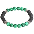 Lava rock and malachite beaded bracelet with silver Greek key pattern spacers on white background - Lava Stone and Malachite Style