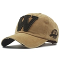 Vintage khaki canvas baseball cap featuring a brown W patch and distressed brim detail - Adjustable / Ginger Yellow