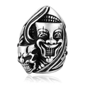Macro detail of gothic double joker skull ring featuring oxidized vintage punk carving - US 7 / Steel