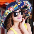 Chapeau de soleil à large bord pour femme bleu marine avec motif floral et protection UV - Bleu Marine Extérieur Doublure Motif Abstrait Coloré