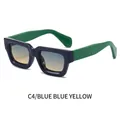 Retro square thick frame sunglasses with blue gradient lenses and neon green temples - Blue Frame Blue Yellow Lenses (C4)