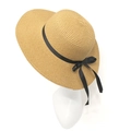 Damen Strohhut in Hellbraun mit breiter Krempe, schwarzem Band und eleganter Schleife - M (56-58cm) / Lange Streamer / Khaki