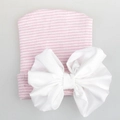 Berretto neonato a righe rosa e bianche con un grande fiocco in chiffon bianco - Cappello a Righe Rosa e Bianco + Fiocco Bianco