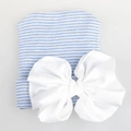 Berretto neonato a righe bianche e blu con un grande fiocco in chiffon bianco - Cappello a Righe Blu e Bianco + Fiocco Bianco