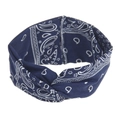 Detail of navy blue bohemian headband with white paisley print and twist knot design - Navy Blue