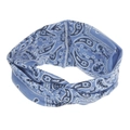 Detail of light blue paisley print headband with twist design and soft texture - Blue