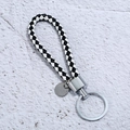 Handmade black and white braided leather keychain with polished silver metal ring - Black & White