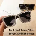 Oversized square sunglasses with hand-set gold rhinestones and black tinted lenses - No. 1/White Diamond (Square Rhinestone)