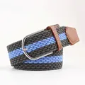 Elastic braided belt in grey and blue stripes with brown leather trim and metal buckle - Grey and Blue (04) / Length 105 Width 3.5