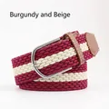 Elastic woven belt in red and beige stripes with brown leather trim and silver buckle - Red and Beige (05) / Length 105 Width 3.5