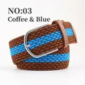 Elastic woven belt in coffee and blue stripes with a silver metal buckle and brown leather tips - Coffee and Blue (03) / Length 105 Width 3.5