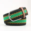 Elastic braided belt featuring green and orange stripes with brown leather trim and metal buckle - Green Orange Green (12) / Length 105 Width 3.5