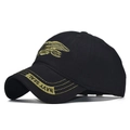 Detailed close-up of the golden Navy Seal trident embroidery on a black cotton cap - Adjustable / Black