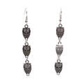 Antique silver triple owl drop earrings with detailed metalwork on a white background - Owl / Antique Silver
